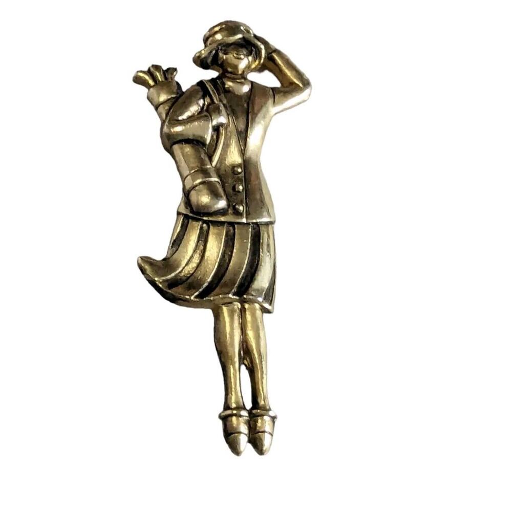 Fort Woman Golfer Brooch Bronze Gold Tone Large 3” Hat Pin Golf Lady Figural
